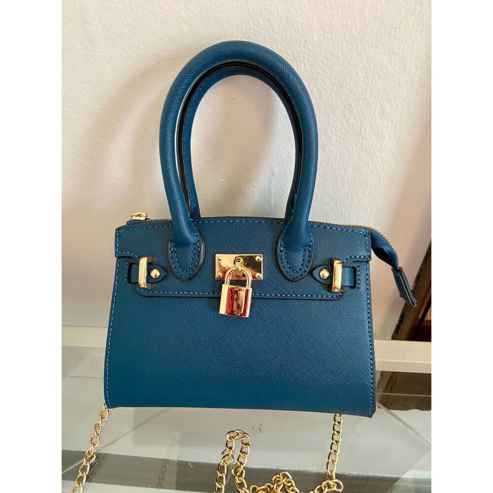 Vegan Leather Blue Crossbody Chain Mini Bag Purse Gold Lock Designer New Strap - Picture 7 of 9